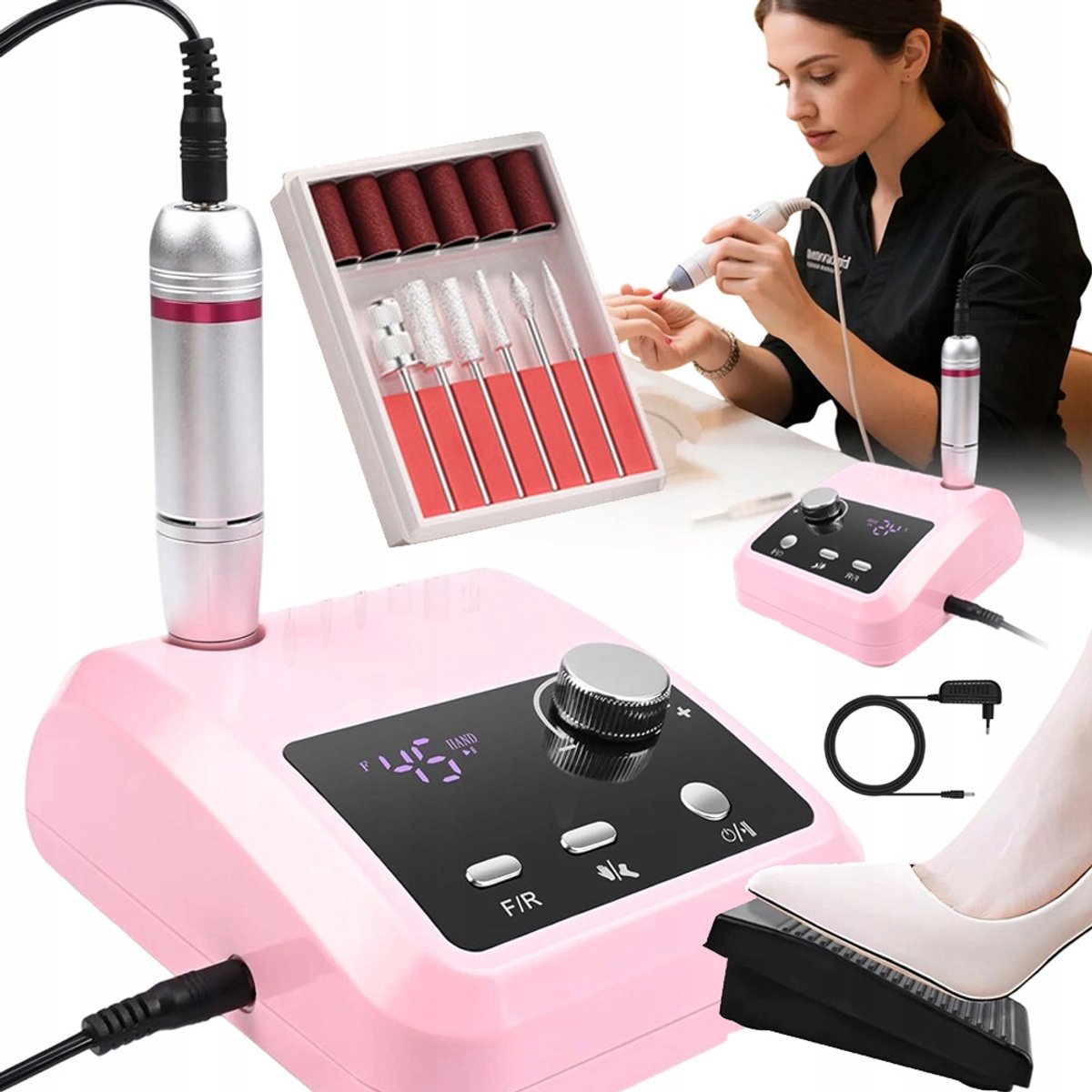 Elektrische Nagelvijl - Nagelfrees - Manicure & Pedicure Set - 0-45000 RPM - LCD - Voetpedaal - 6 Bitjes & 6 Schuurrolletjes - Aluminium Hendel - 220V - Gel en Acryl - Voor Salon en Thuis - Roze