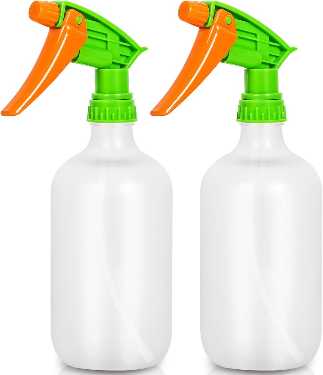 2 x 500 ml spuitfles - verstelbaar mondstuk - 4-vinger trekker - witte fles + oranje mondstuk - PET-materiaal - ergonomisch ontwerp - lekvrij - nevel naar jet spray - navulbaar - water- en