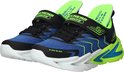 Blauwe Skechers jongens sneakers met limegroene accenten, klittenbandsluiting en lichtjes.