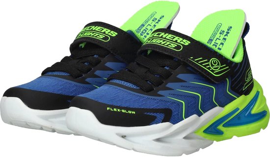 Blauwe Skechers jongens sneakers met limegroene accenten, klittenbandsluiting en lichtjes.