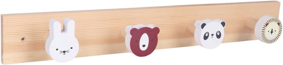 Houten kapstok met vier kinderhaakjes in de vorm van een konijn, beer, panda en leeuw.
