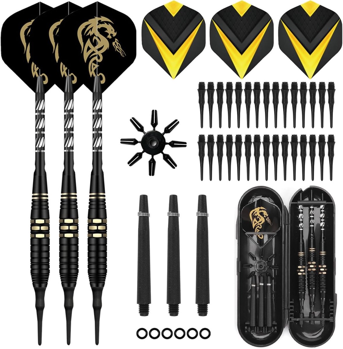 Dartpijlen met Kunststof Punt - Zwart - 15,7 cm - Set van 3 met Softdartpunten en Opbergdoos - Voor Beginners en Ervaren Spelers