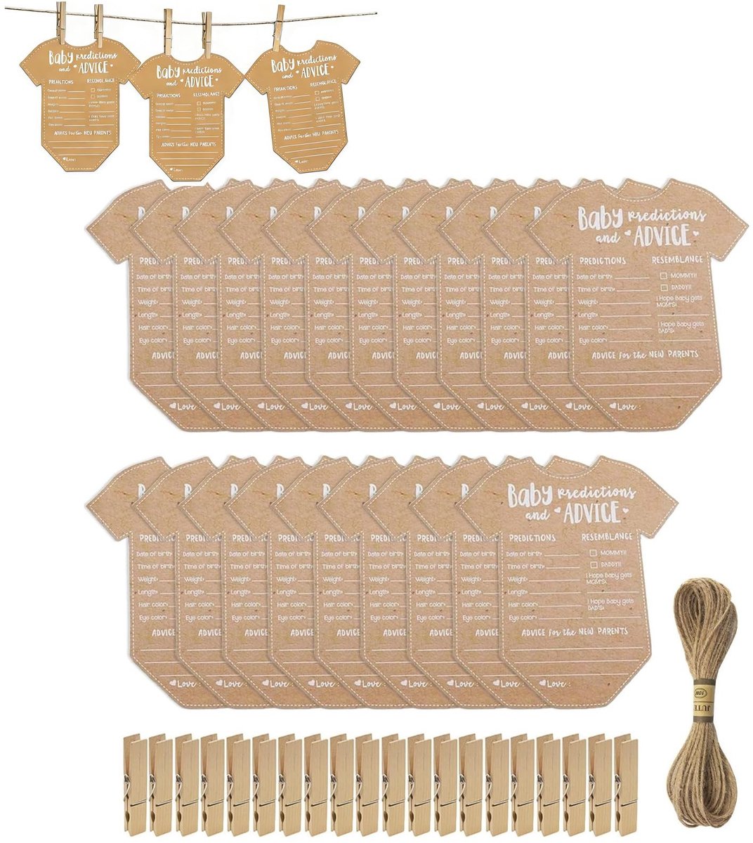 Solidchoice - Set van 20 Babyvoorspellingskaarten met Houten Clips