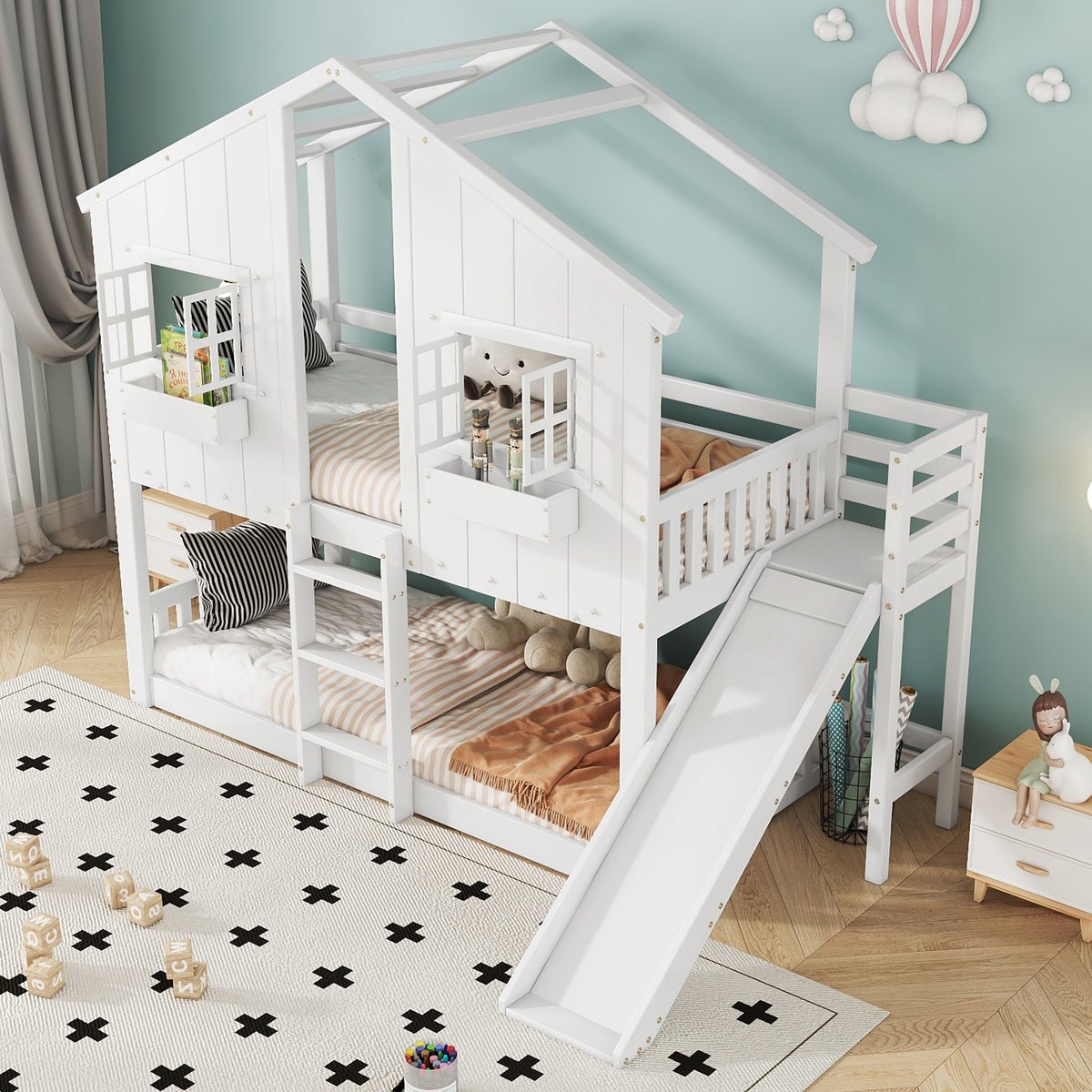 Stapelbed 90x200 cm - kinderbed - met glijbaan - met dak en ramen - met beschermingshekken - wit - zonder matras
