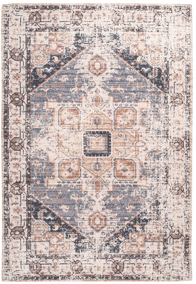Padiro laagpolig vloerkleed 120 x 170 cm - grijs / bruin - oosters vintage patroon - geschikt voor vloerverwarming - van katoen en polyester