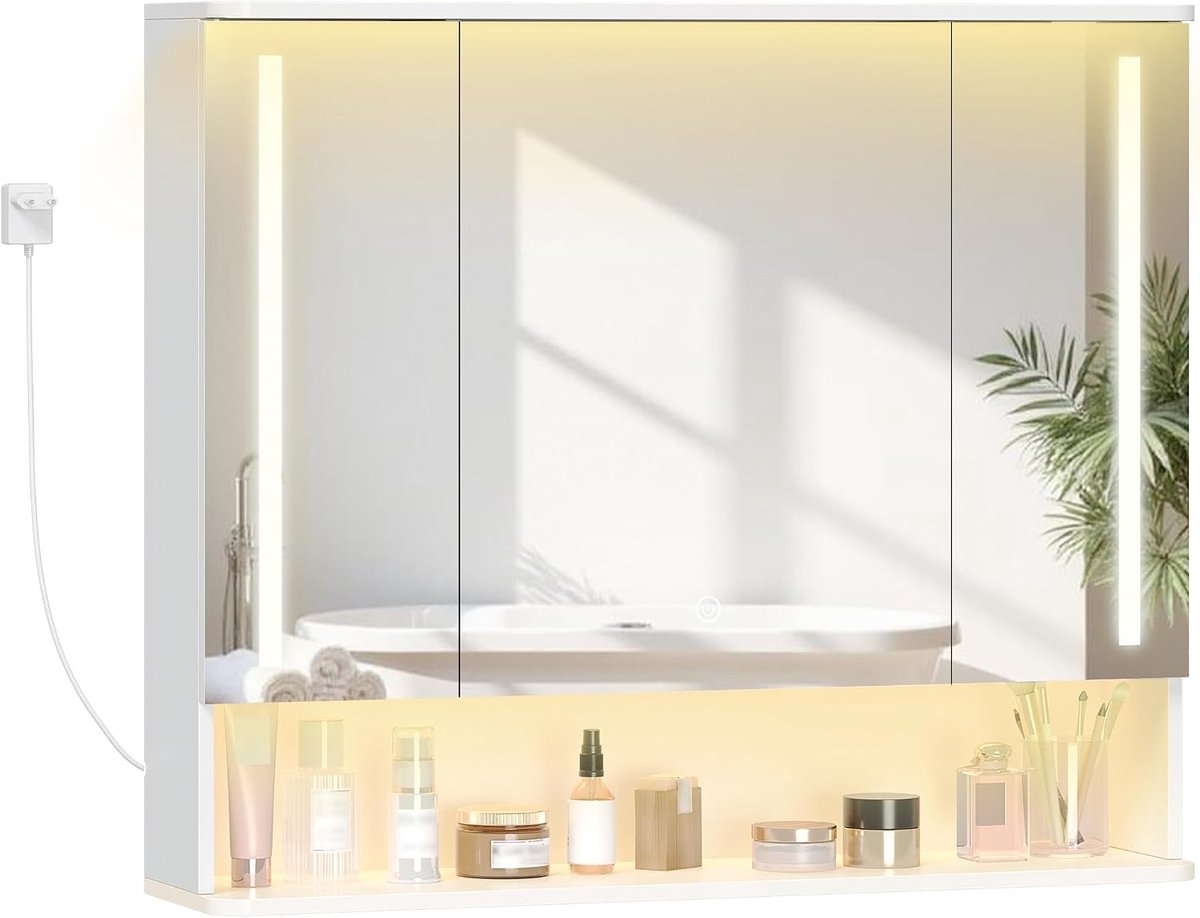 Hzuaneri badkamerspiegelkast met LED-verlichting, sfeerverlichting, extra LED-verlichting aan de boven- en onderkant, 3 kleurtemperaturen, dimbaar, verstelbare plank, 21 x 90 x 76 cm, wit