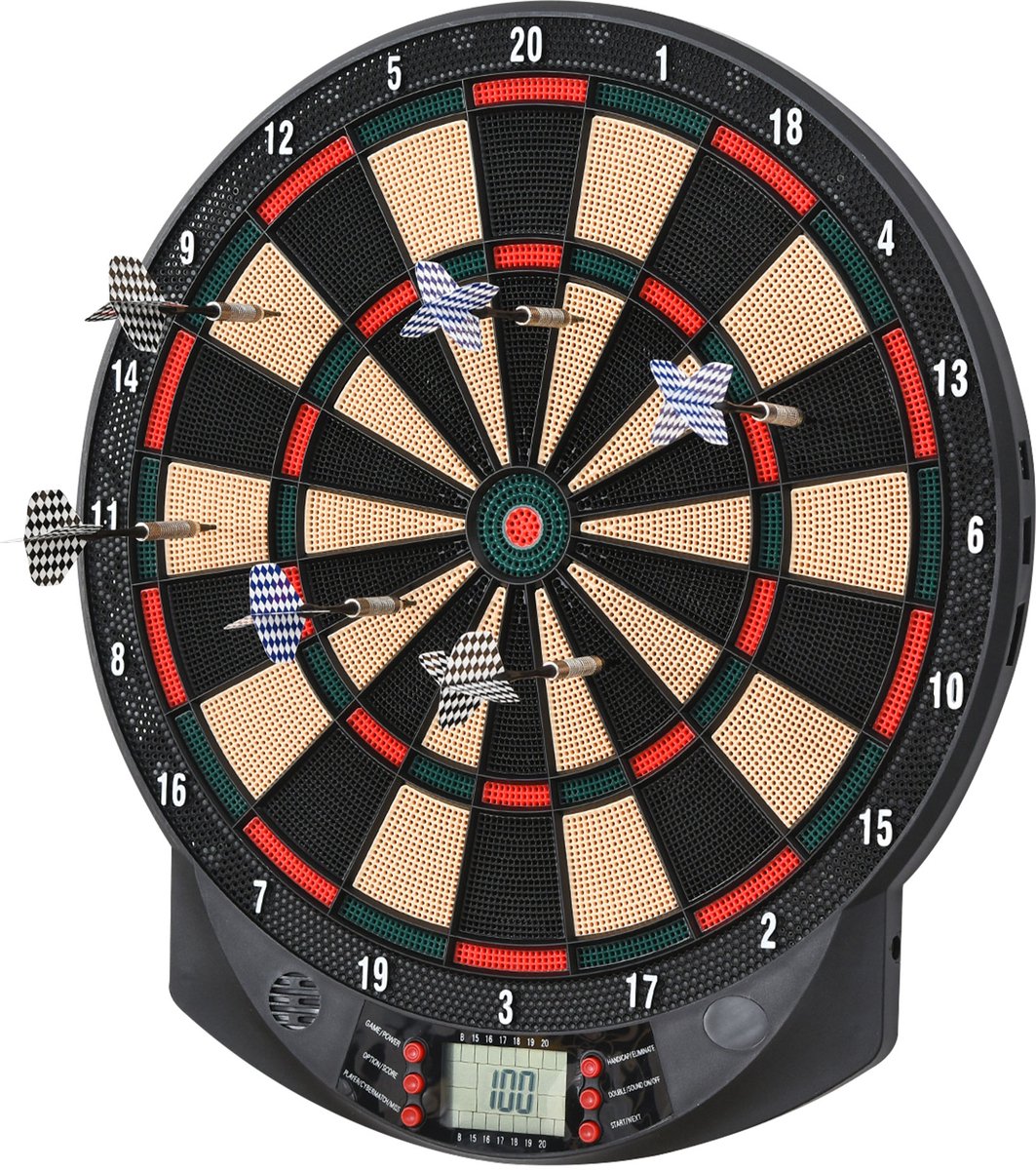 Elektronisch dartbord met automatische scoretelling - dartset met 6 darts - 30 dartkoppen - 26 spellen en 185 scoremogelijkheden voor 8 spelers - geluidseffecten - zwart - 44 x 39 - 5 x 2 - 2 cm