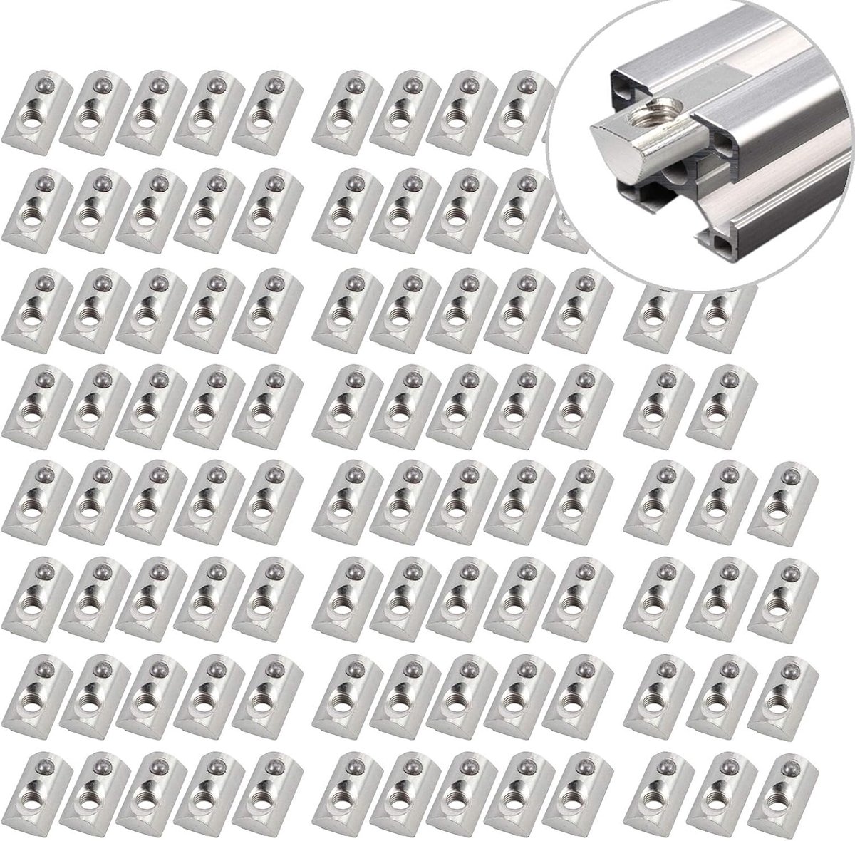 100 Stks Roll-in Spring M6 T Moer Metalen Profiel 8mm Slot Moeren Roll Ball Elastische Moer 8 Met Geleideplaat voor 3030 3060 Aluminium Profiel (Gegalvaniseerd Staal)