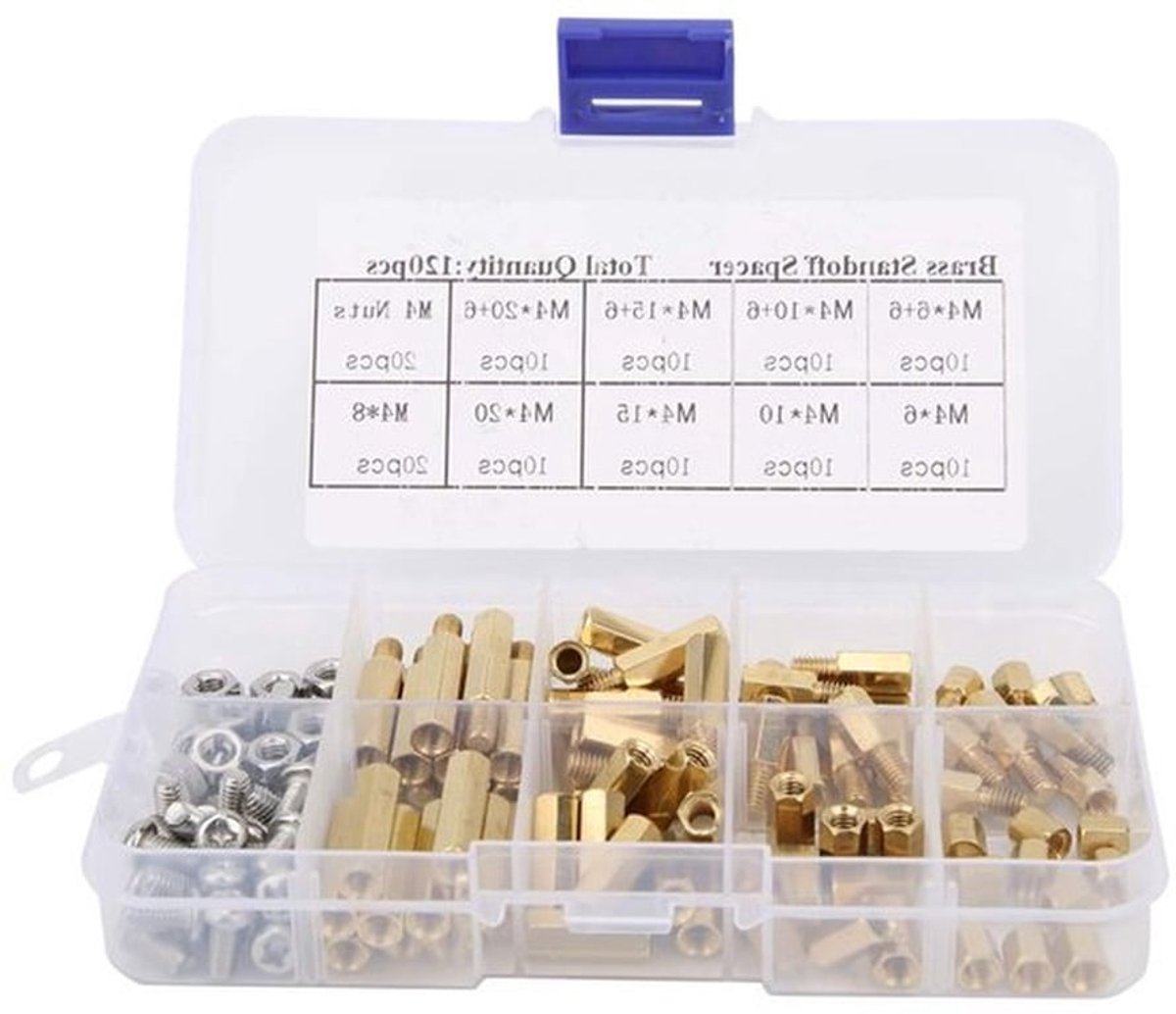 Assortiment van 120 Stuks M4 Messing Spacers en RVS Moeren met Transparante Opbergdoos voor Onderhoud en Installatie van Meubels en Apparaten