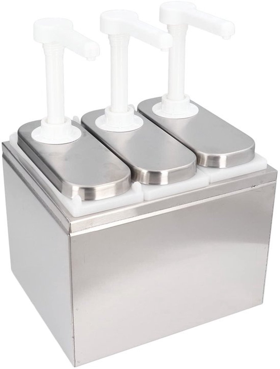 Saucedispenser 1L - Roestvrij Staal - 3 Pompen - Kruidensaus Dispenser - Gemakkelijk te Reinigen - Antislip Basis - Sauzenpomp
