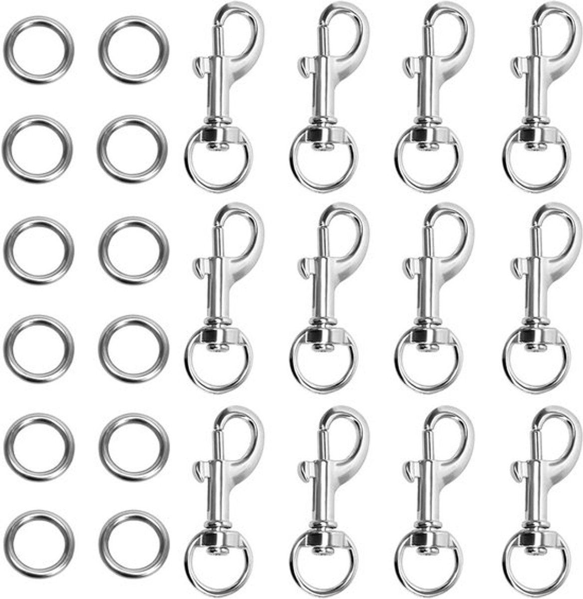 Set van 12 karabiners, draaibare haak voor hondentuig, roestvrijstalen ringen en 360° draaifunctie voor sleutels en accessoires