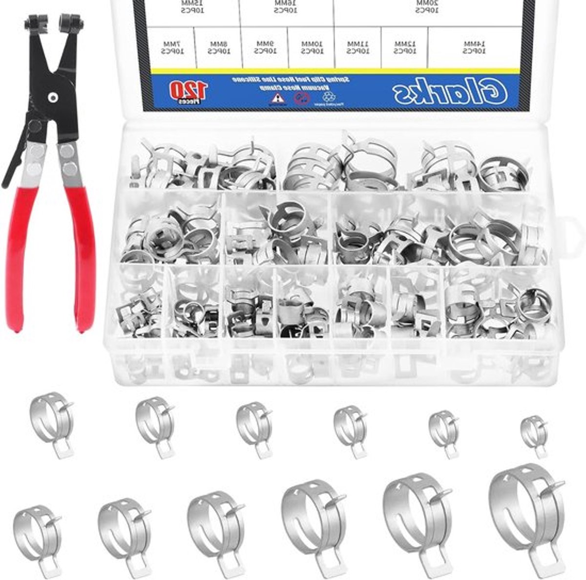 121-delige Assortiment van Veerclips voor Banden, Siliconen Slangen en Luchtleidingen - Inclusief 1 Swivel Flat Band Slangklem en Diverse Maten van 7-22mm