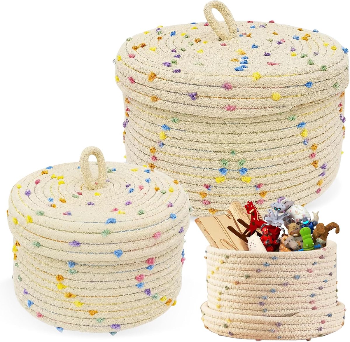 2pcs Woven Storage Basket: Cotton Rope Basket Braided with Lid, Braided Basket for Plants, Round, Colorful Decorative - ShopVlot