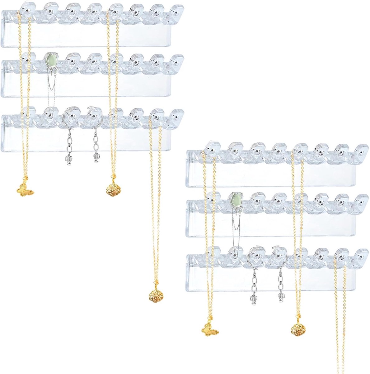 6 Pack Jewelry Organizer - Clear Wandgemonteerde houder, eenvoudig te installeren, 9,4 cm x 1,5 cm, met 8 haken voor - ShopVlot