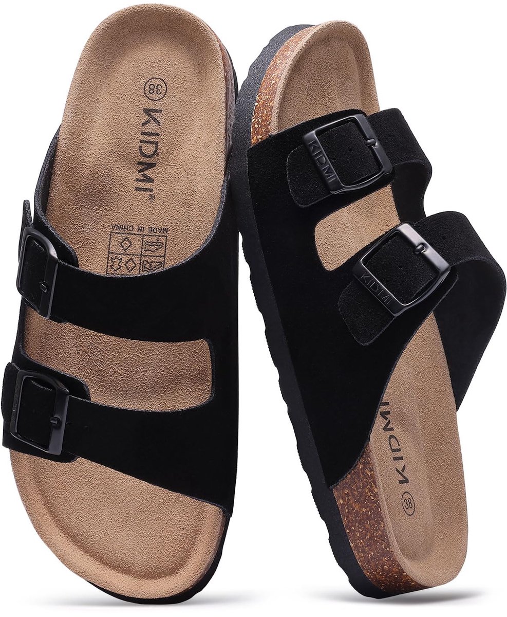 Homaxy - Unisex Sandalen - Suède Dames Slippers- Houten Clogs - Damesslippers met kurken voetbed - Zwart - 36 - Geschikt voor een voetlengte van 22.86cm