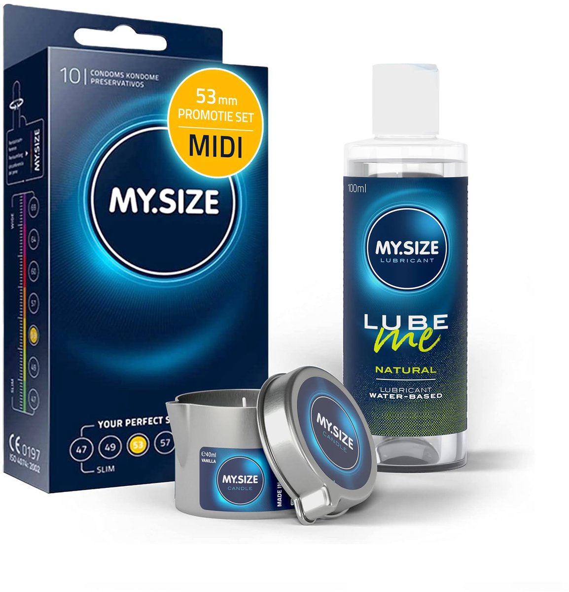 Voordeelverpakking MY.SIZE-condooms 53 mm, pak van 10 + MY.SIZE natuurlijk glijmiddel 100 ml + MY.SIZE-massagekaars