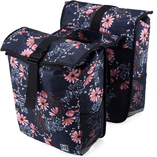 Brisby Dubbele Fietstas Rolltop Zwart 39-48L Waterdicht Geschikt voor Elektrische Fietsen & E-Bike - Japanese Flower van Brisby — afbeelding 4