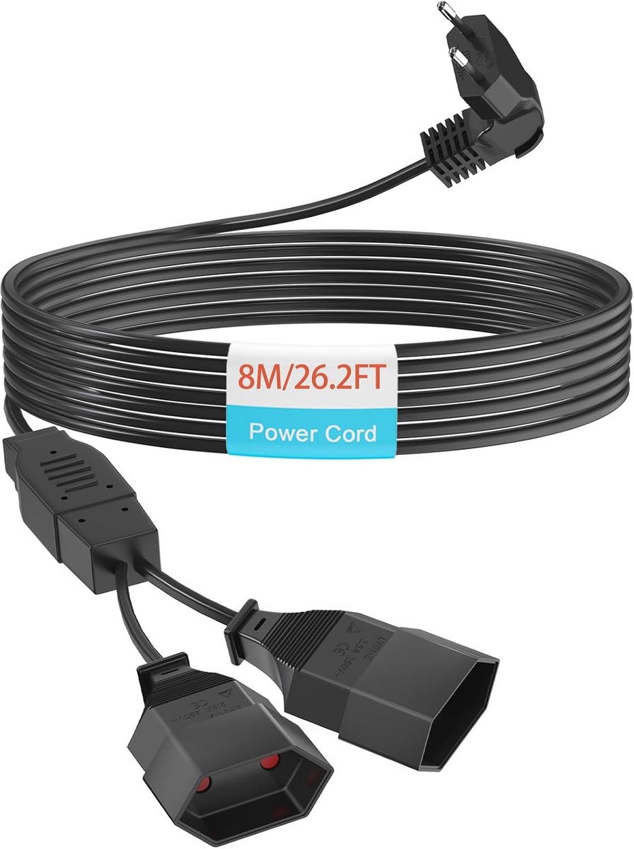 Extension Cable, 2-Way Euro Plug, 8 m, Power Cord, 2-in-1 Power Cable, Triple Type C Plug, 0.75 mm², Max. 2.5 A/250 V - ShopVlot