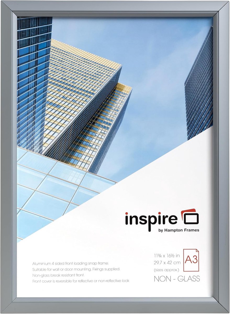 Inspire by Hampton Promote It A3 (30x42cm) Pack of 1 Silver Snap Frame Acrylic (Not Glass) Front IBH-PAPFA3B-1PK - ShopVlot