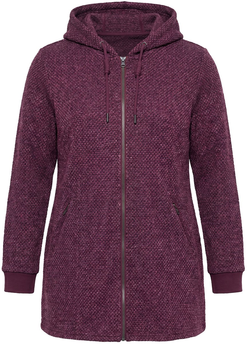 Ulla Popken - Dames - Gebreid fleece jas tekst capuchon lange mouwen - Donker bes - Maat 46+