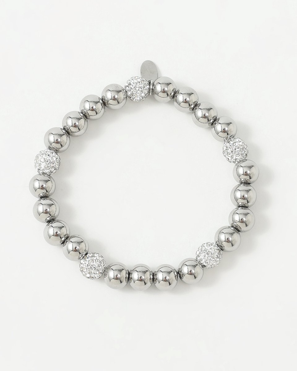 Nouka Dames Armband - Stainless Steel - Zilver Gekleurde Kralen - Met Stras Steentjes - Combineren - Cadeau voor Vrouwen - Cadeau Voor Moeder
