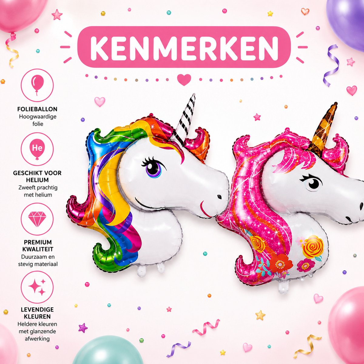 Fienosa Unicorn Ballonnen Set – 2 Grote Eenhoorn Folieballonnen Roze & Regenboog – 110 x 80 cm – Verjaardag Versiering