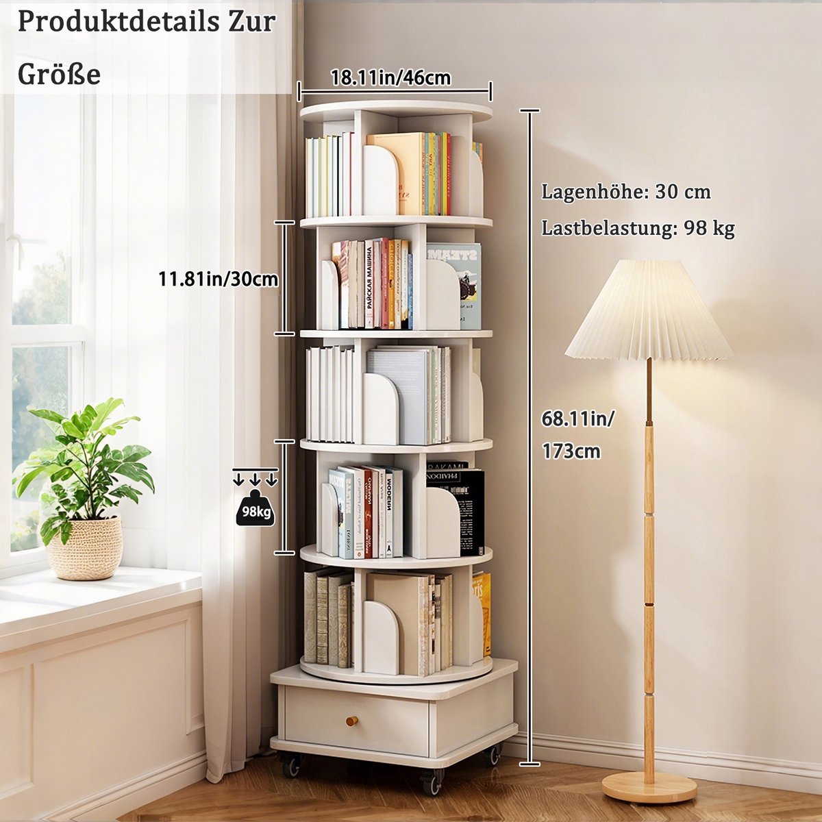 OKWISH Boekenkast 360 Graden Draaibaar 173 x 46 cm MDF Wit Met Laden En Wielen Voor Kleine Ruimtes Woonkamer Slaapkamer En Kantoor