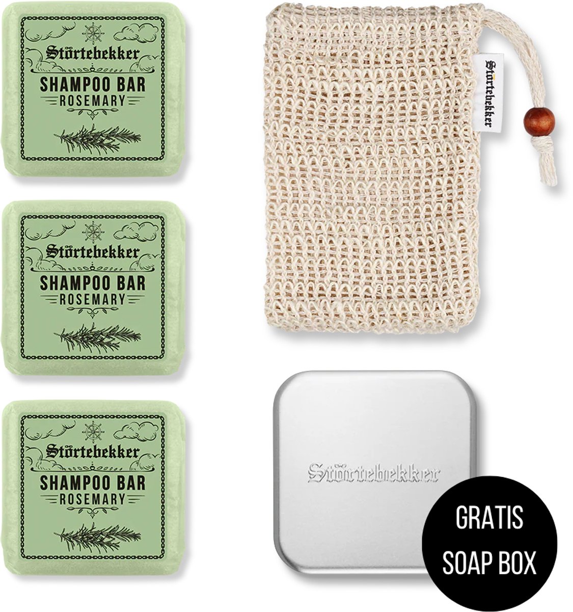 Störtebekker® Premium Doucheset Hair - Vaste shampoo (100 g x3), sisalzakje + GRATIS aluminium zeepdoosje - Shampoo Bar Set - Solid shampoo Set- Handgemaakt in NL