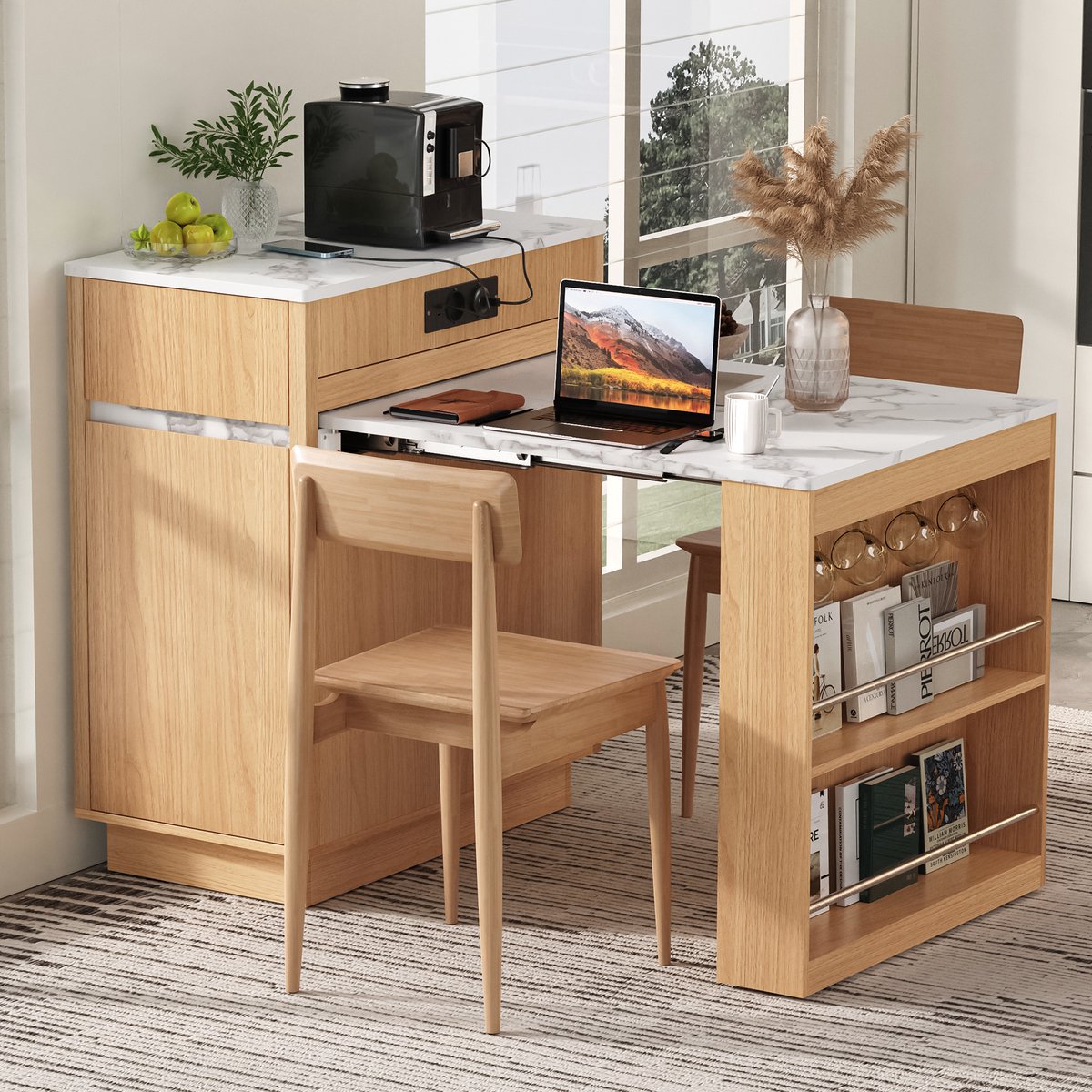 MIVRAY Eettafel - Uitschuifbare Keuken Tafel Met Led En Stopcontact - Voor Keuken En Eetkamer - Houtlook Met Marmerlook Blad - Naturel