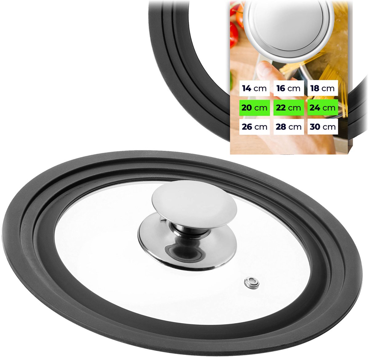 KADAX universele deksel 20/22/24 cm, universele deksel voor potten en pannen, pannendeksel, glazen deksel met siliconenrand en stoomopening, potdeksel (zilver)