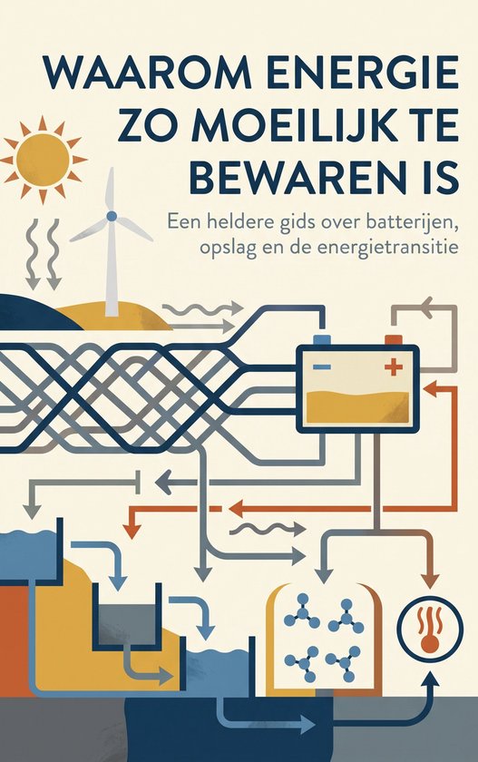 Afbeelding van de cover van het boek 'Waarom energie zo moeilijk te bewaren is' met een illustratie van een energiesysteem.