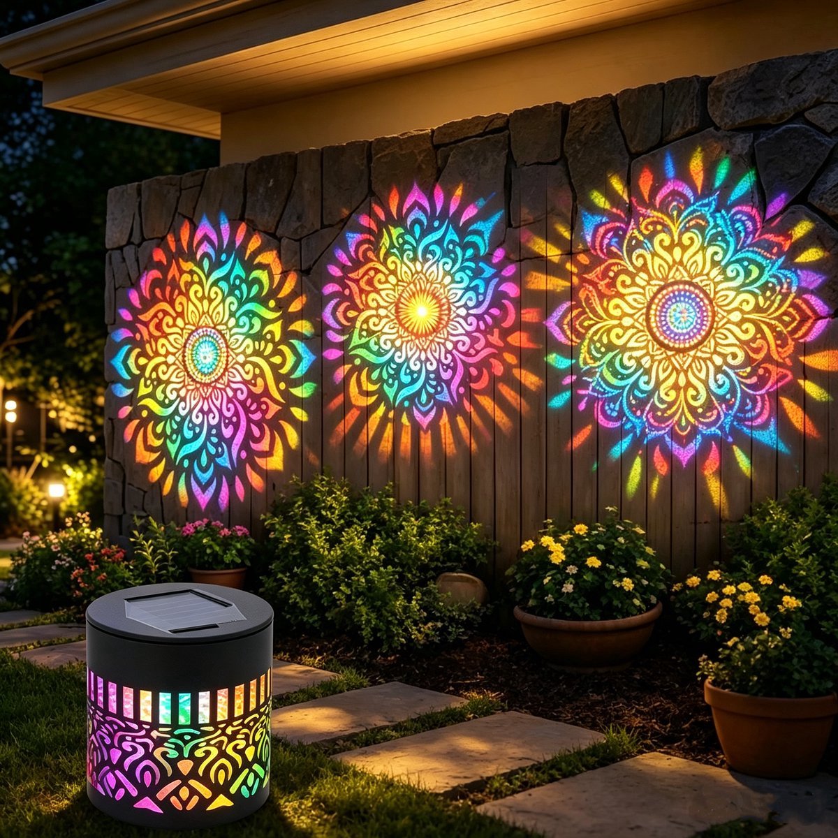 Casalora Solar Mandala Tuinlamp – 1 Stuk – Kleurrijke Projectie Buitenverlichting – Waterdichte Metalen Wandlamp – Decoratieve Tuinverlichting