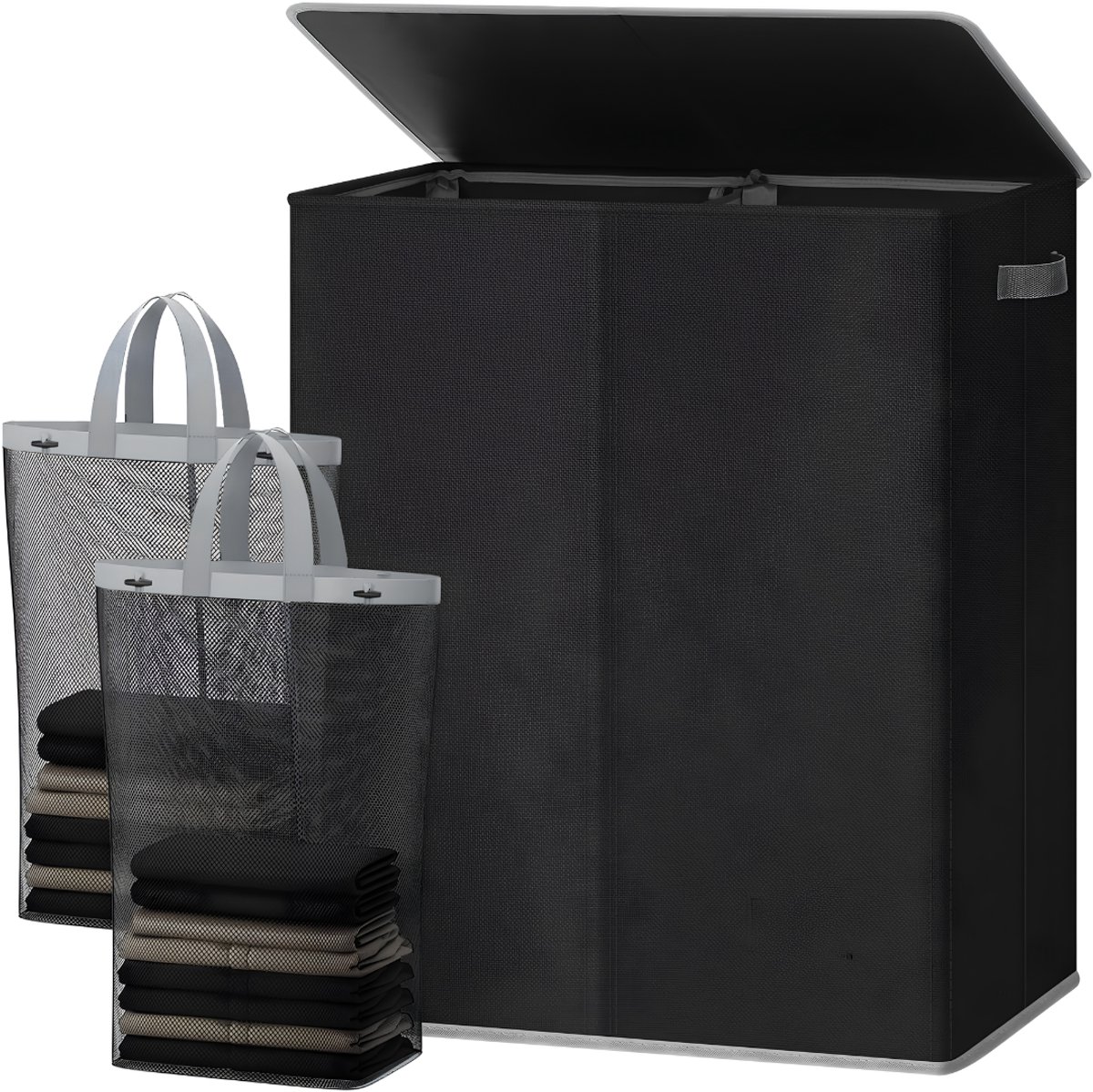 Lìon® Wasmand - 145L - Wasmanden - Wasmand 2 Vakken - Zwart - 58cm x 38cm x 67cm