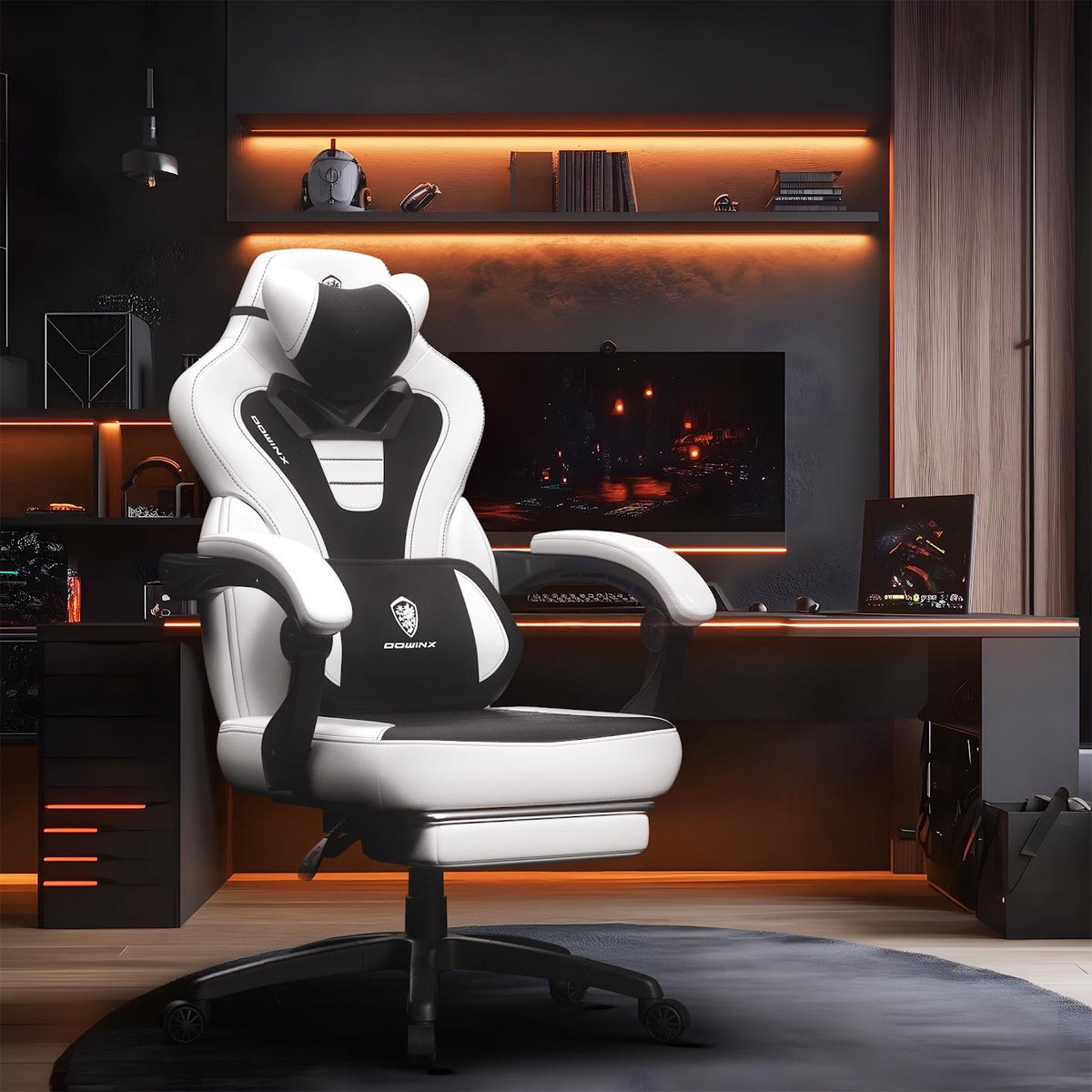 DowinxGaming Stoel Ergonomisch met Voetsteun - Voetsteun - Massagelendenkussen – Verstelbare rugleuning – Scharnierende armleuningen – Hoogdichtheid schuim – PU‑leer – Voor gaming en kantoor – 65,02 cm breed – 1 stuks – Wit/Zwart