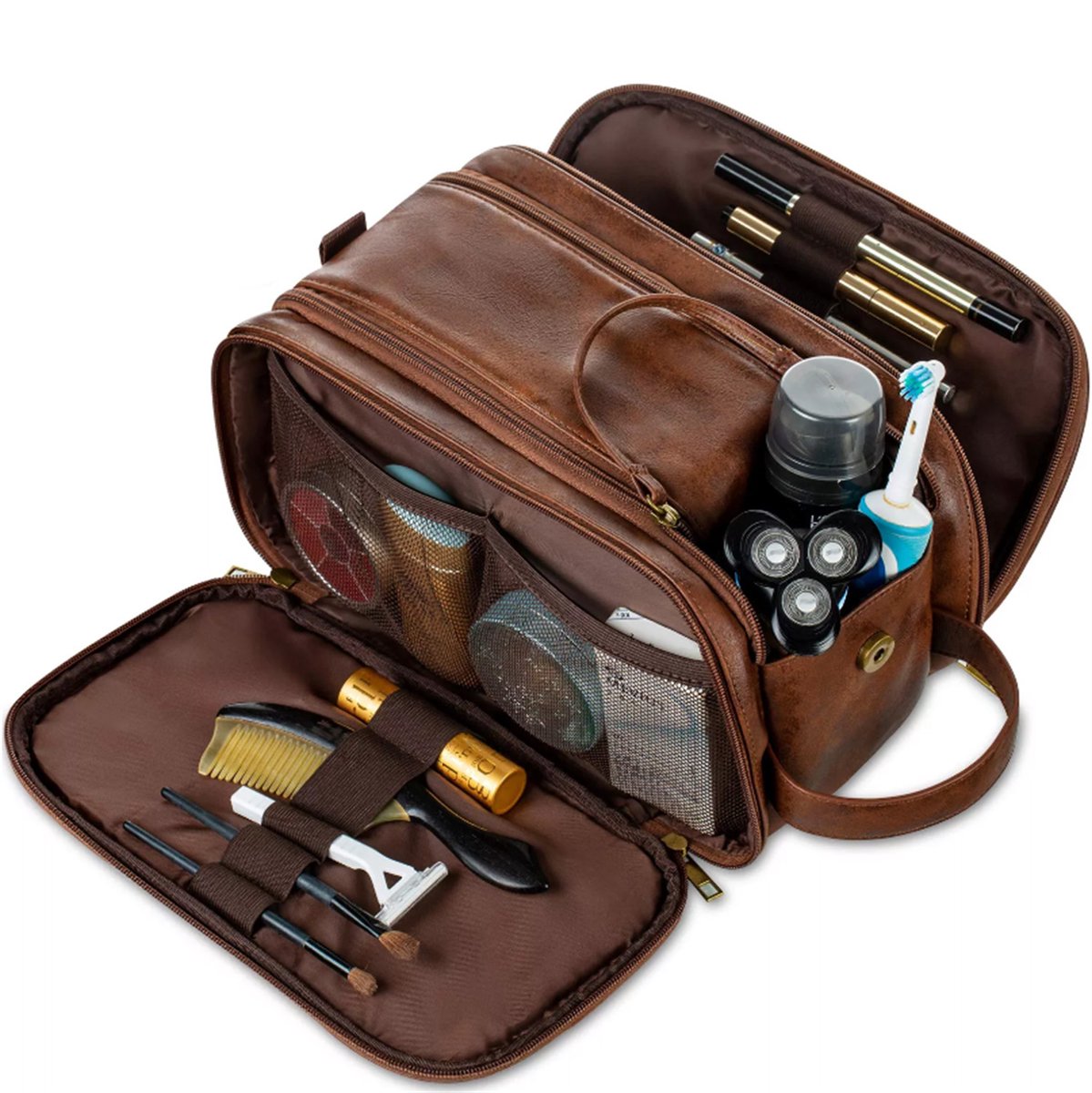 Toilettas - Opbergtas voor cosmetica - Toilettas voor heren - Reistas - Met handvat - Waterdicht - Grote capaciteit - PU-leer - 26,5*15*16 cm - Unisex - Donkerbruin
