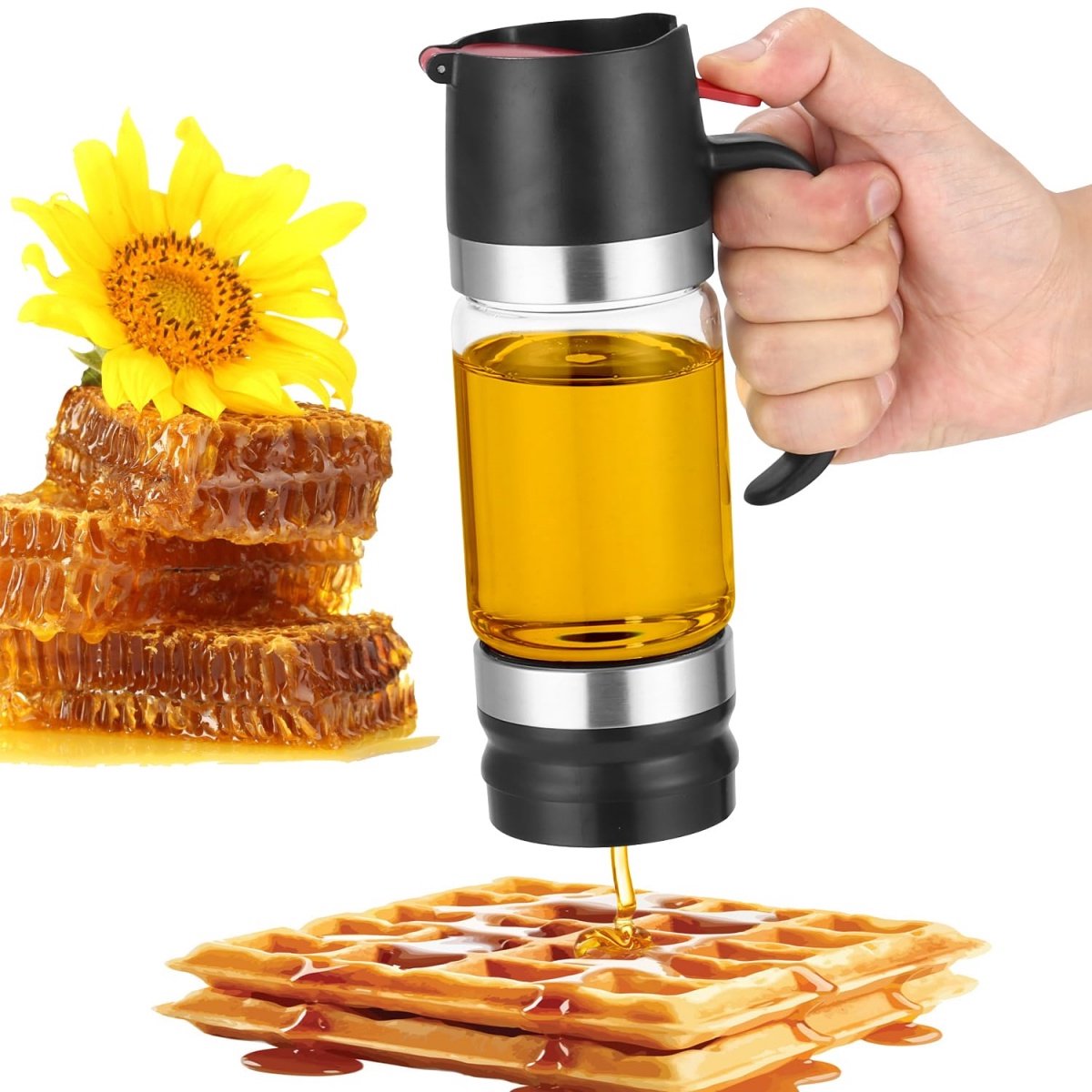 longziming -Honingdispenser 300 ml – Druppelvrije Honingpot met Drukmechanisme – Glazen Honingdispenser voor Honing, Ahornsiroop en Vloeibare Zoetstoffen – Afneembaar en Gemakkelijk te Reinigen