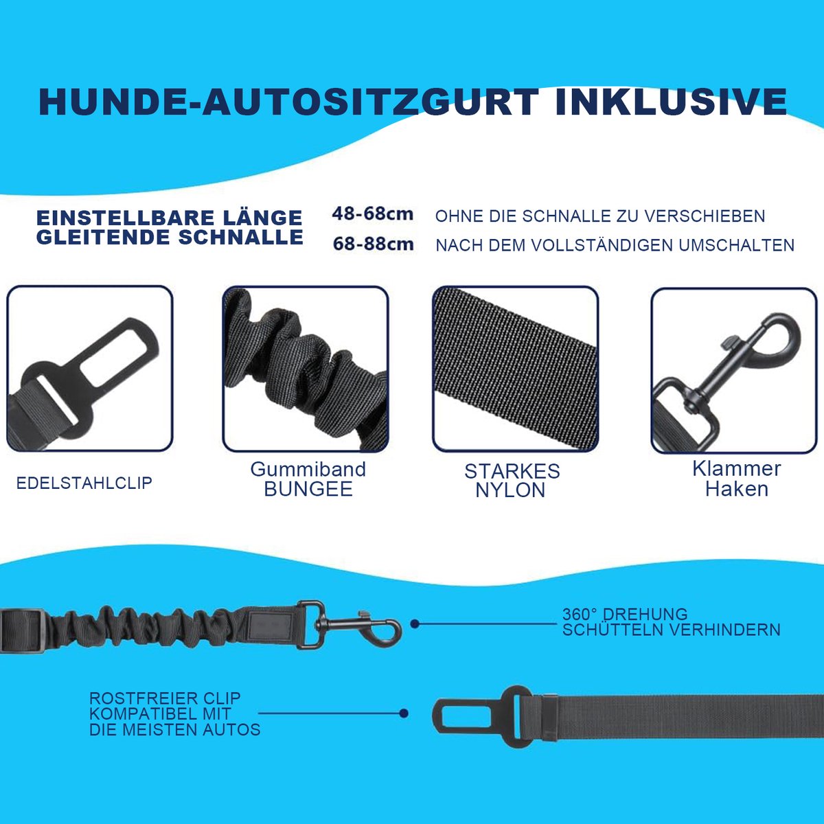 COVREO Honden-autogordel verstelbaar, nylon, RVS clip en bungee