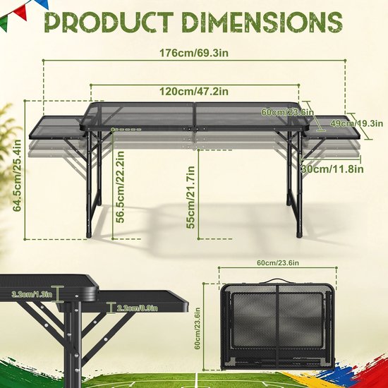 Atlasyx tuintafel - Campingtafel - Inklapbare tafel - Klaptafel - Picknicktafel - Verstelbare hoogte - 120 x 60 x 55 cm - Zwart — afbeelding 4