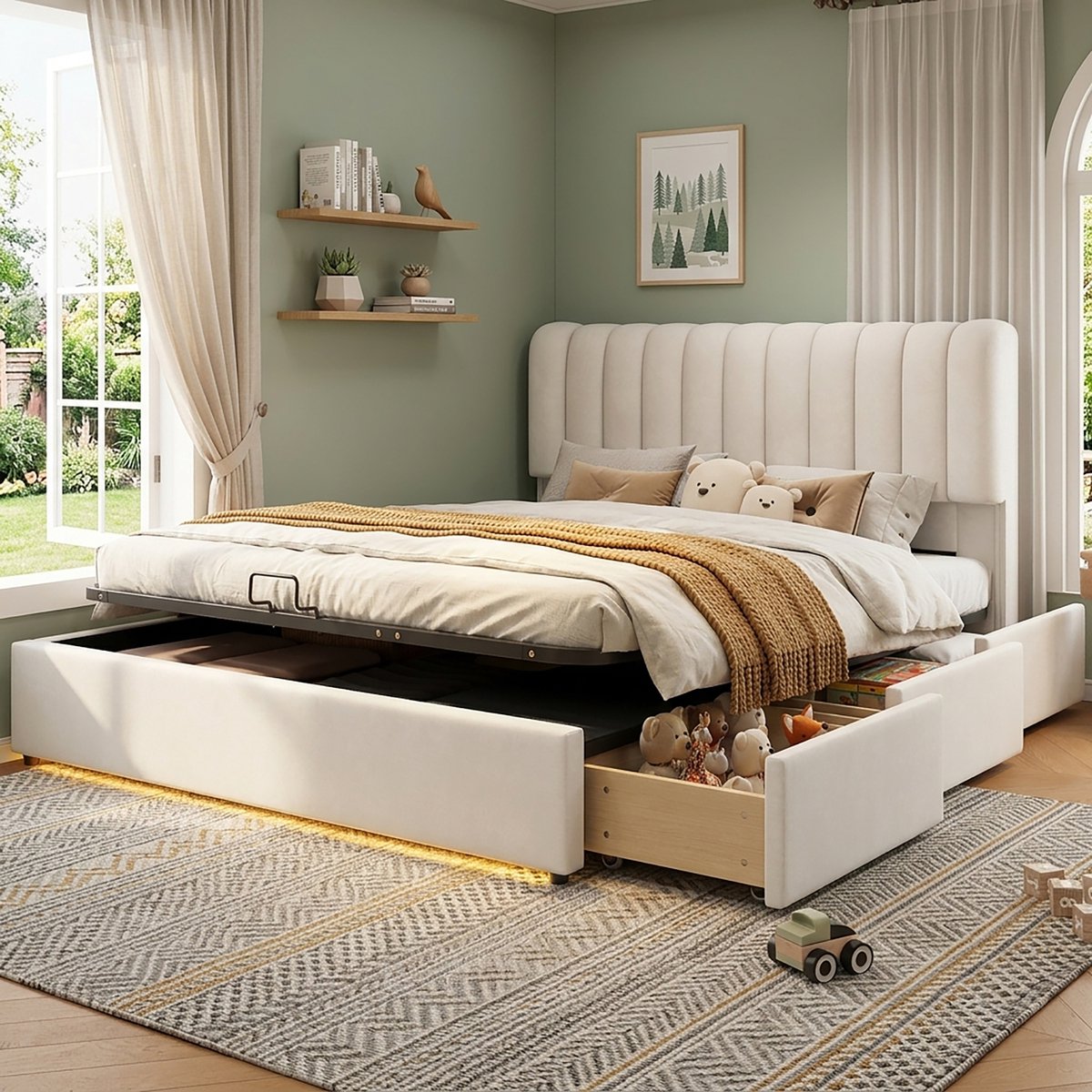 DESMIU Gestoffeerd Bed 140x200cm – Hydraulisch Stauraambed Met Gasveer – 3 Lades En Opbergruimte – Kinder En Tienerkamer – Fluweel – Zonder Matras – Beige