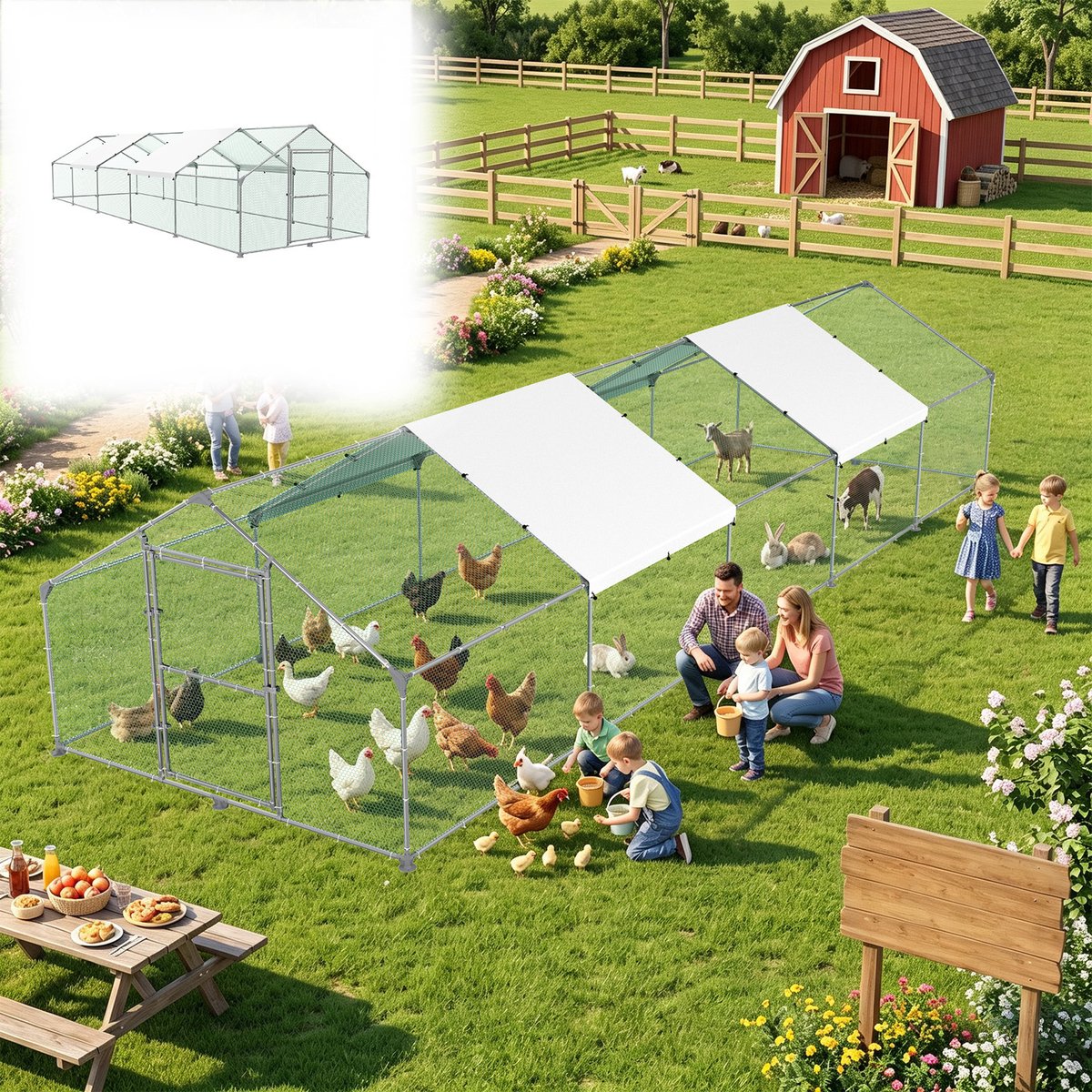 AUFUN Freilaufgehege - 3x10m (30m²) - Met Slot - Hühnerstall buiten, Kleintiergehege, Vogelkooi voor pluimvee en kleine huisdieren