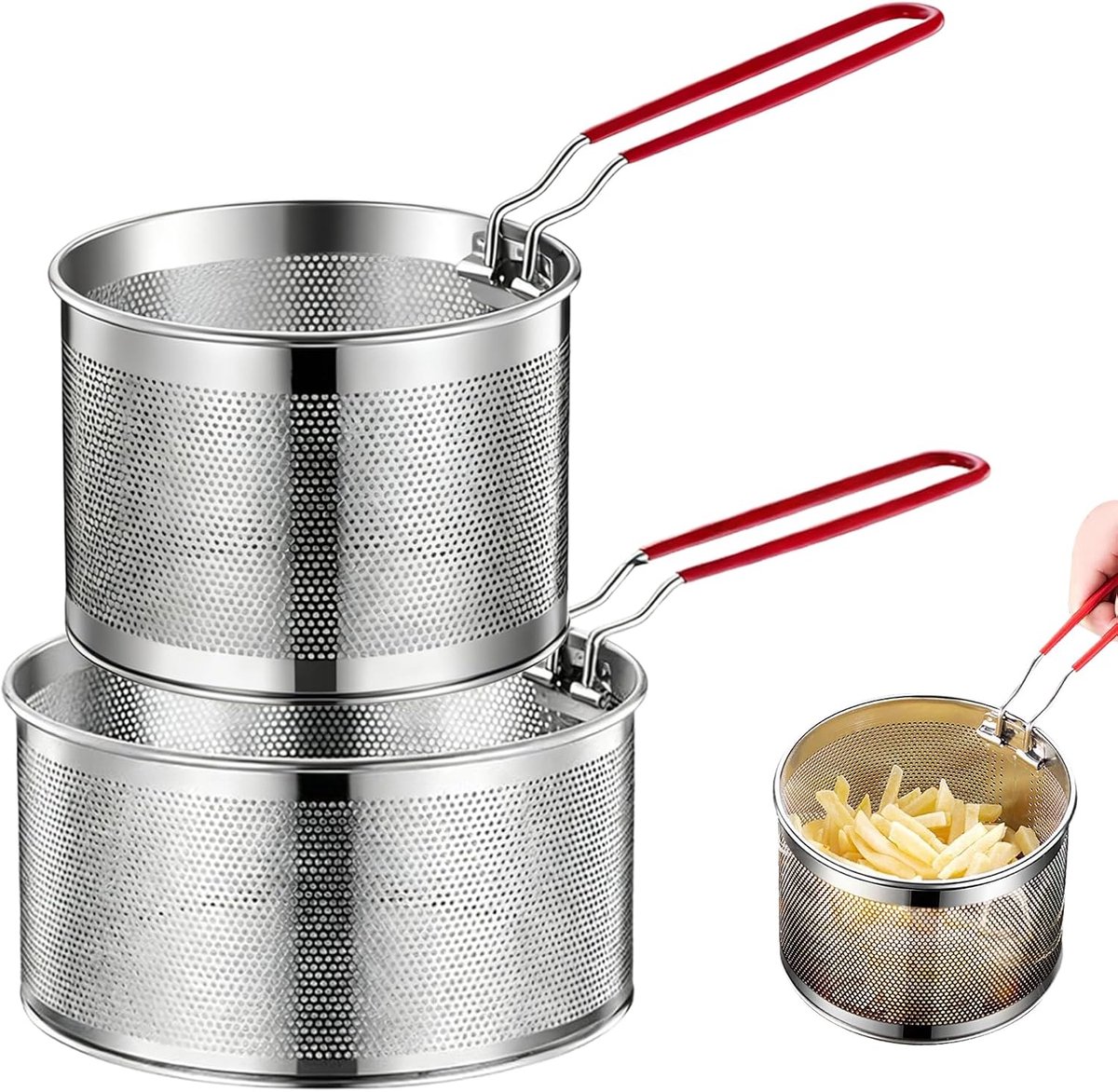2 stuks frituurmand, roestvrijstalen pastamand, frituurmand voor pan met lange handgreep, pastazeef roestvrij staal voor afdruipen, frituren, koken, stomen (18 cm en 20 cm)
