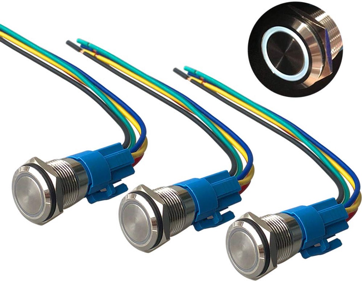 3 stuks premium 12 V/24 V 5 A momentane drukschakelaar, 16 mm auto-ontstekingsstartschakelaar, wit ledlicht, roestvrij staal, IP67 waterdichte schakelaar met stopcontactdraad