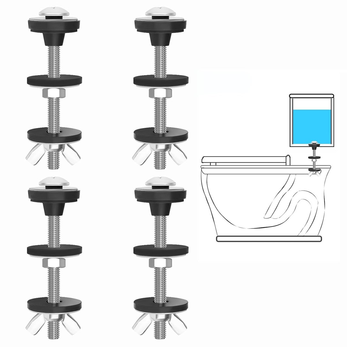 toilettank voor schotel schroeven, heavy duty toiletbril schroeven, reservekit, roestvrijstalen toilettankschroeven en rubberen afdichtingen, reparatieonderdelen, 4 stuks
