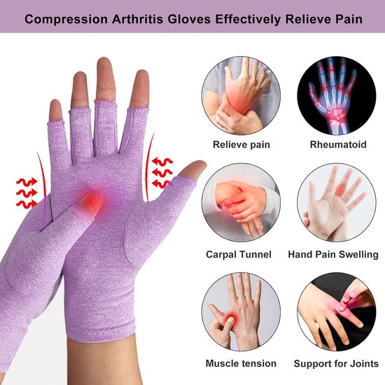 Handschoenen, vingerloze compressiehandschoenen voor dames en heren, polsondersteuning, reumatoïde artritis, osteoartritis, Raynaud-syndroom, ademend, typen, rijden, werk, lila, L — afbeelding 3