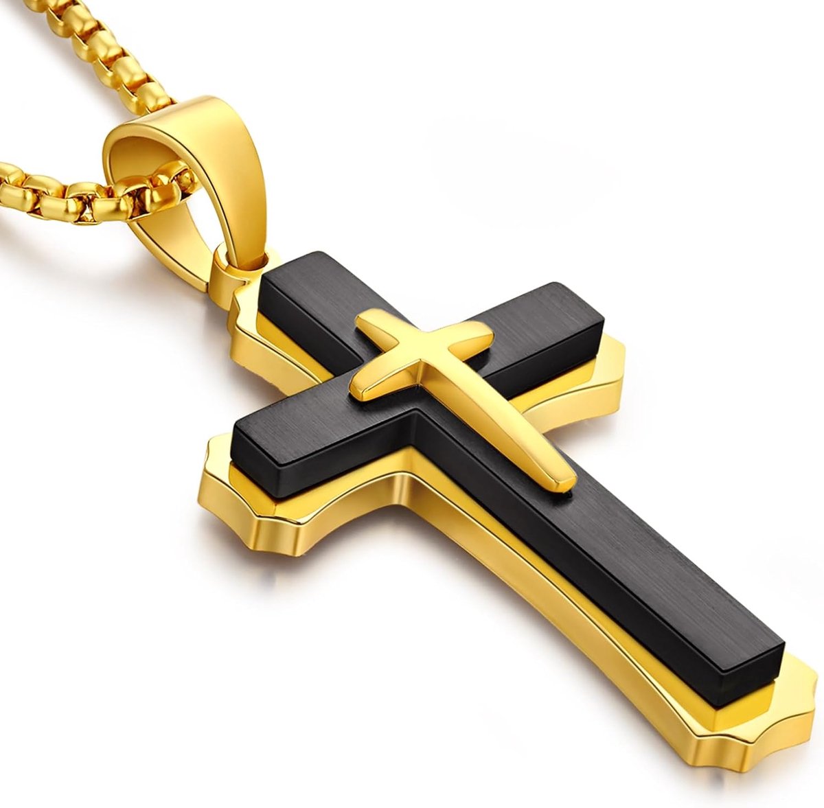 Halsketting met kruis voor heren, zilver/goud/zwart, kruishanger voor heren, roestvrij staal 316L, christelijk sieradendoosje