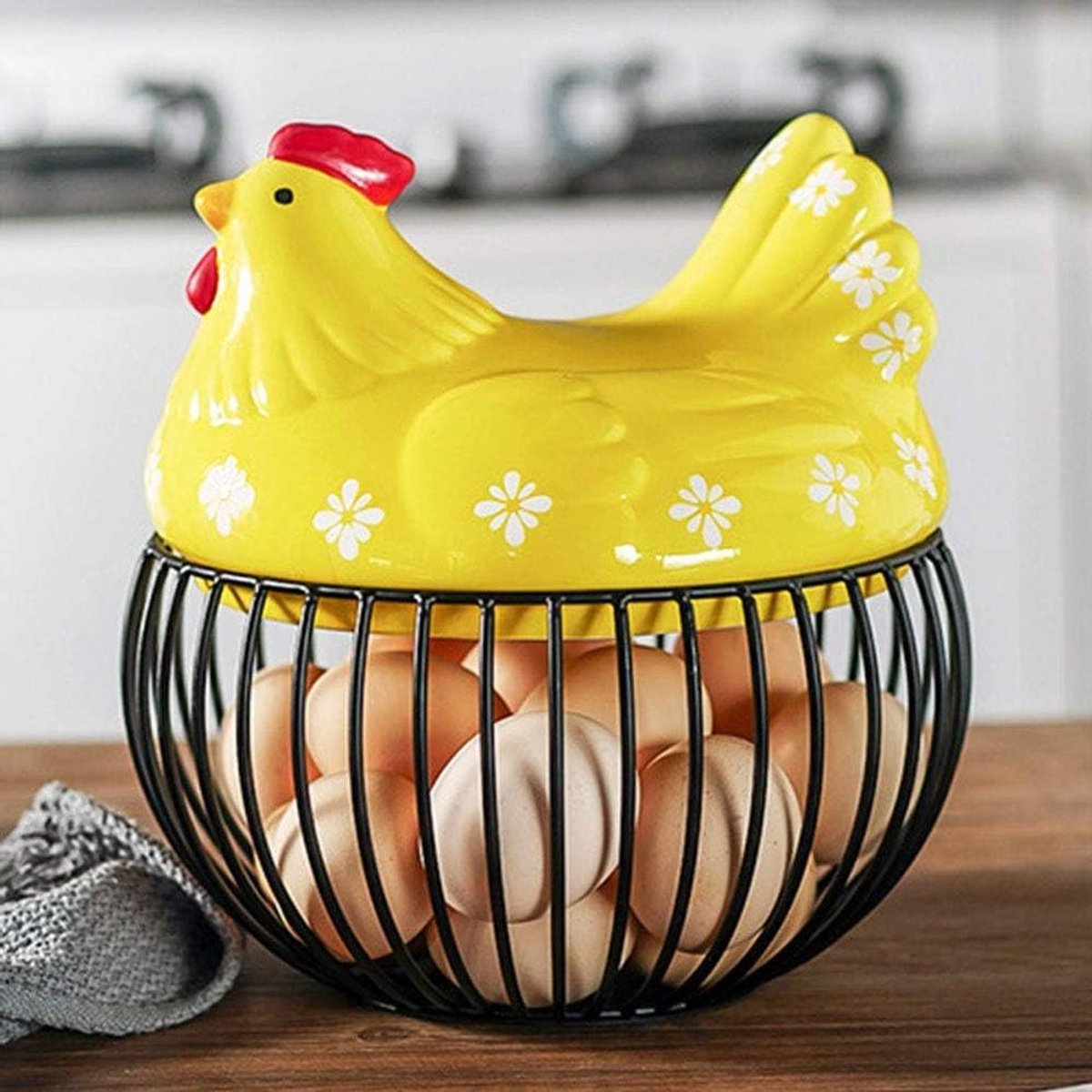 Boerderijstijl Eiermand - Eierhouder Met Deksel - Keuken Opbergen - Zwart Smeedijzeren Frame - 22 x 19 cm - Geel