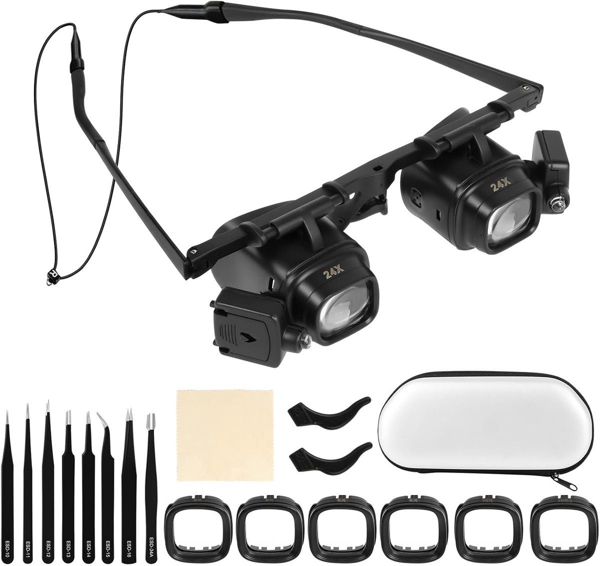 Vergrootbril met Licht, Vergrootglas met 8 Pincets, 2 Ledlampen, Verstelbare lens en Lichthoek, Loep met 4 Verwisselbare Lenzen - 2X, 6X, 10X, 24X voor Juweliers en Horlogemakers