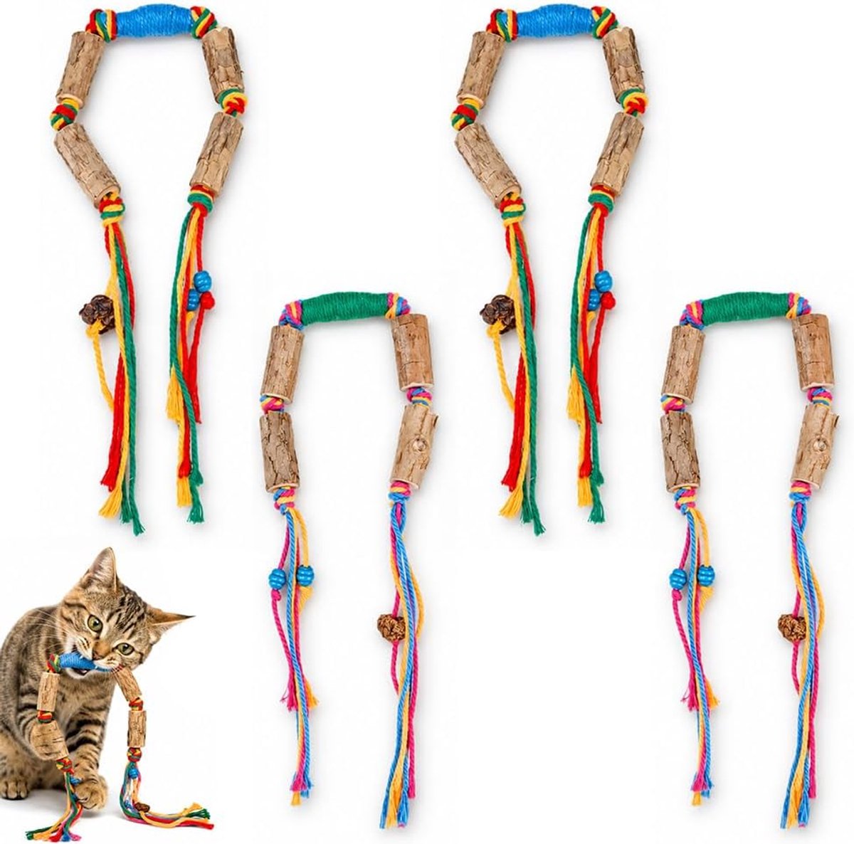 4 stuks kattengrassticks voor katten, matatabi-stokjes voor katten, kauwstokjes met katoenen touw, matatabi-stokjes voor katten voor het reinigen van de tanden en ter verlichting van stress