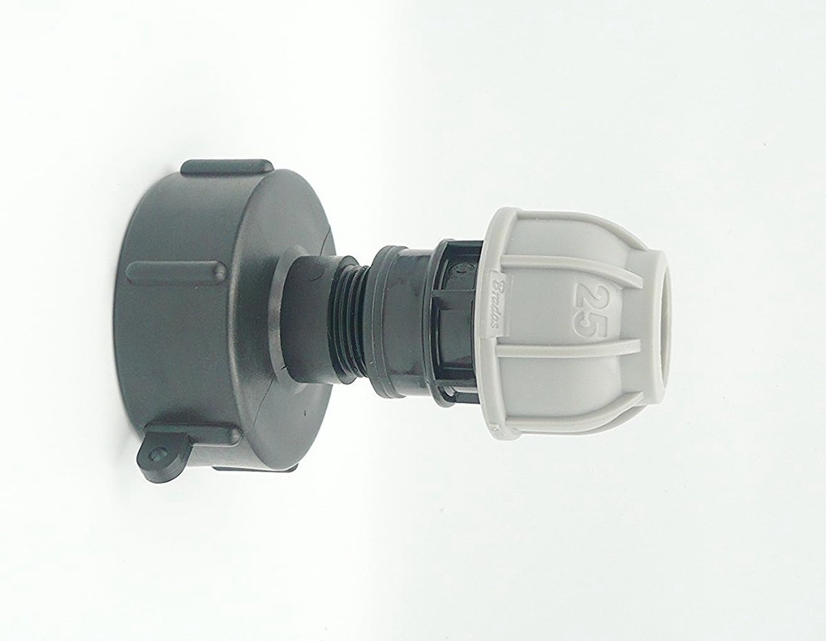(2" S60X6 grove draad) tot 25 mm rechte MDPE-compressiefitting. NB-kleuren kunnen afwijken van de getoonde afbeelding.