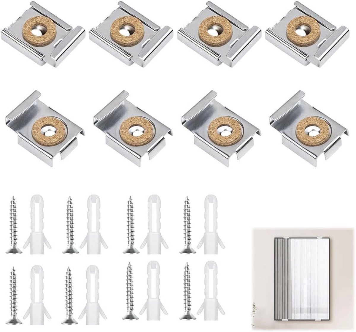 Spiegelhouder voor aan de muur, 8 stuks ongeframeerde veerbelaste clips, set met pluggen en schroeven, in hoogte verstelbare spiegelophanging voor zwaar glas